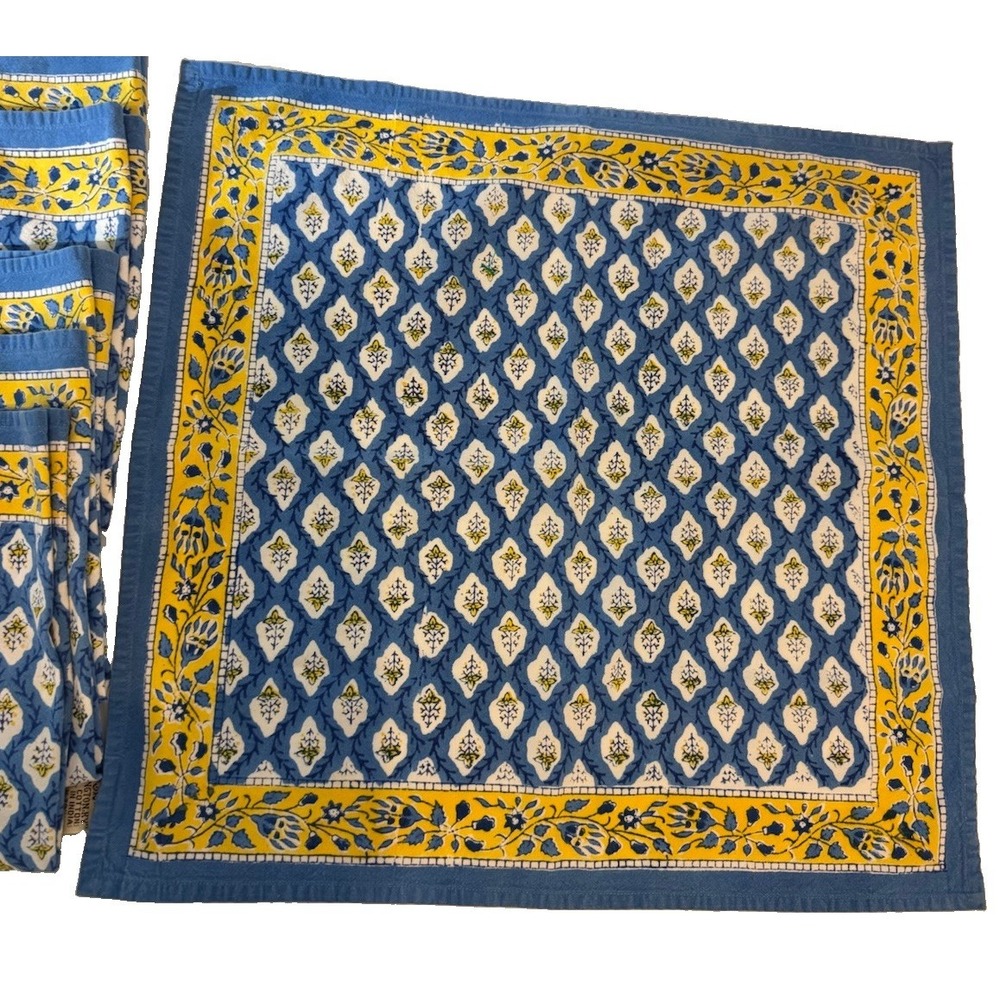 Pomegranate Print Cotton Napkins Set of 6 Blue Yellow French Provence